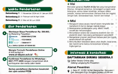 PPDB SMPIT dan SMAIT Darul Qura’an At-Tibyan Islamic Boarding School Tahun Pelajaran 2025/2026 telah dibuka